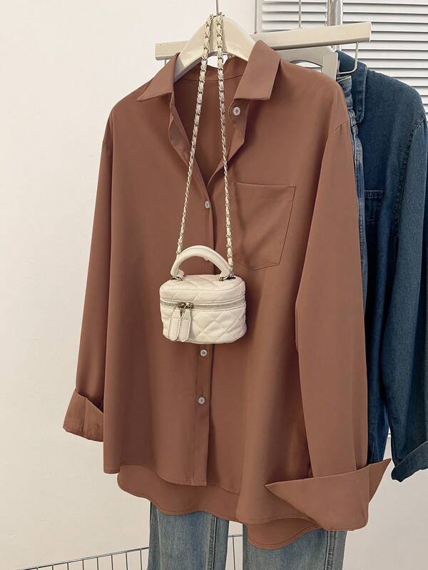 Pocketed Oversized Bamboo Cotton Shirt Plain Brown