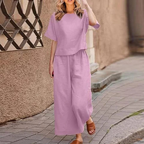 WOMEN COTTON PLAIN CROP TOP & TROUSERS CO-ORDER SET