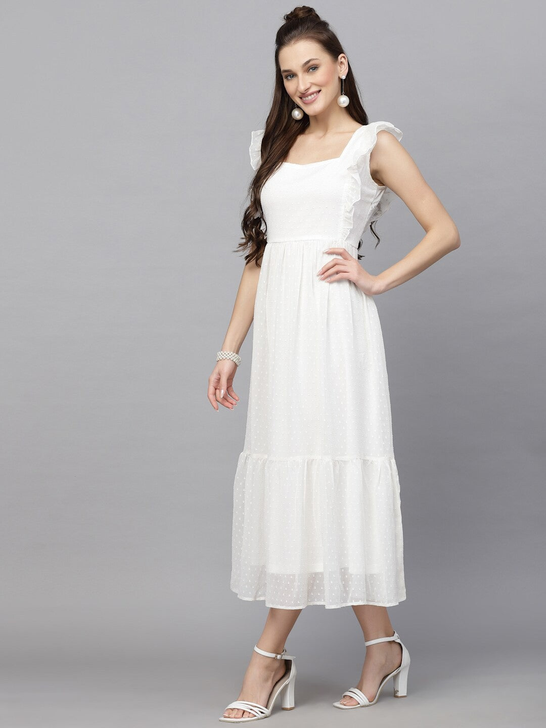 Swiss-Dot Square-Neck Tiered Dress ( SWAN WHITE )