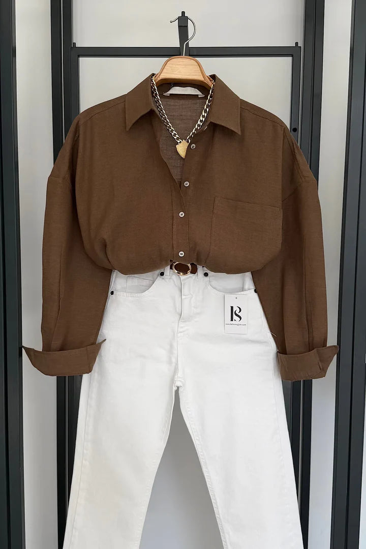 Pocketed Oversized Bamboo Cotton Shirt Brown