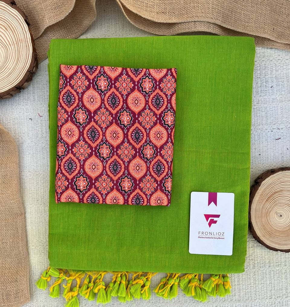 Parrot Khadi Cotton Saree & Designer Blouse