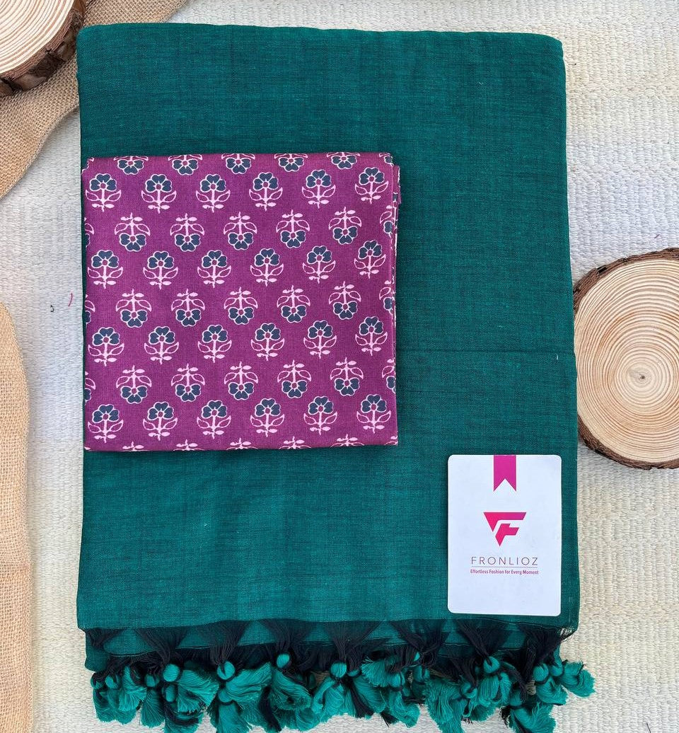 Green Khadi Cotton Saree & Designer Blouse