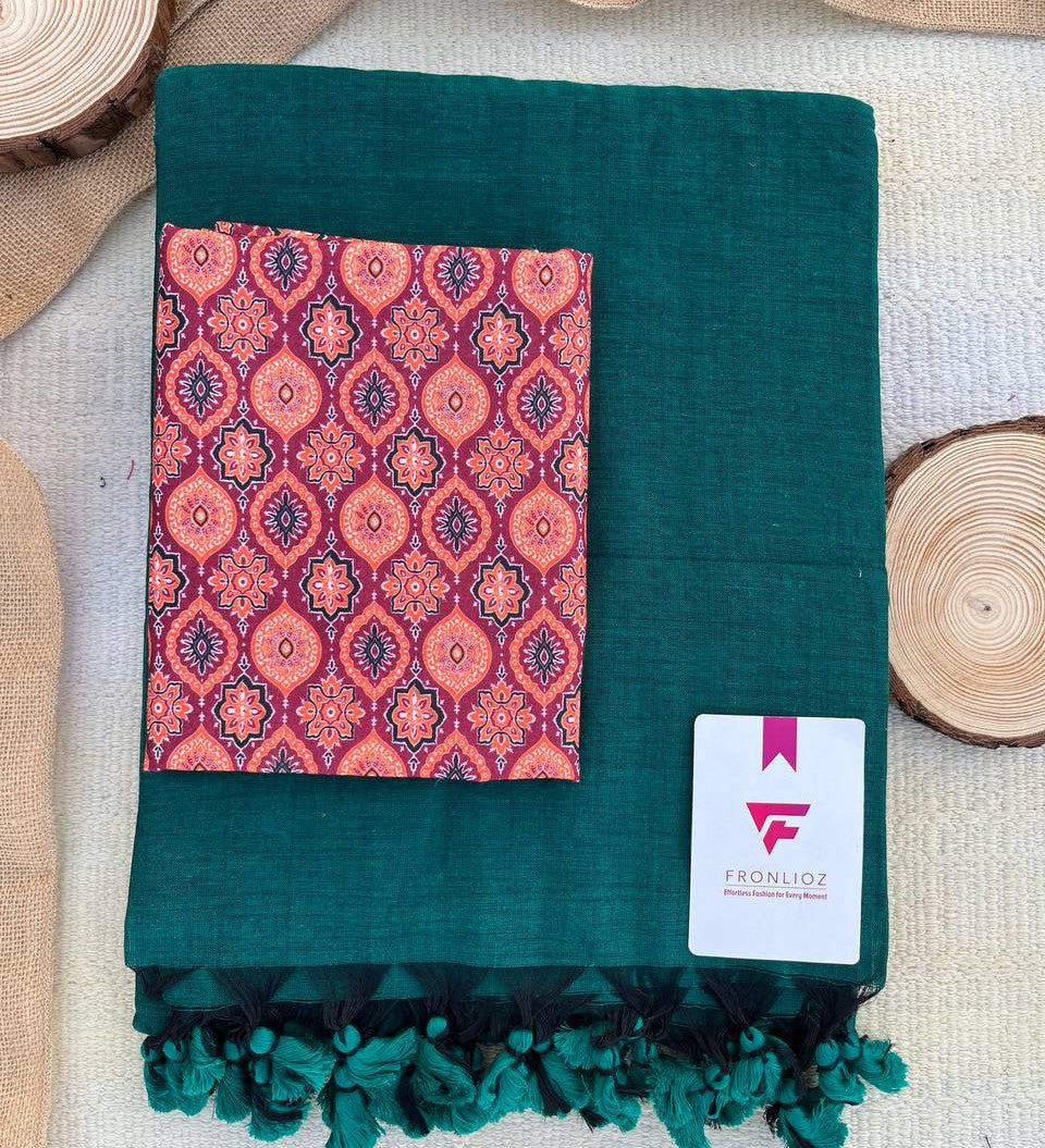 Green Khadi Cotton Saree & Designer Blouse