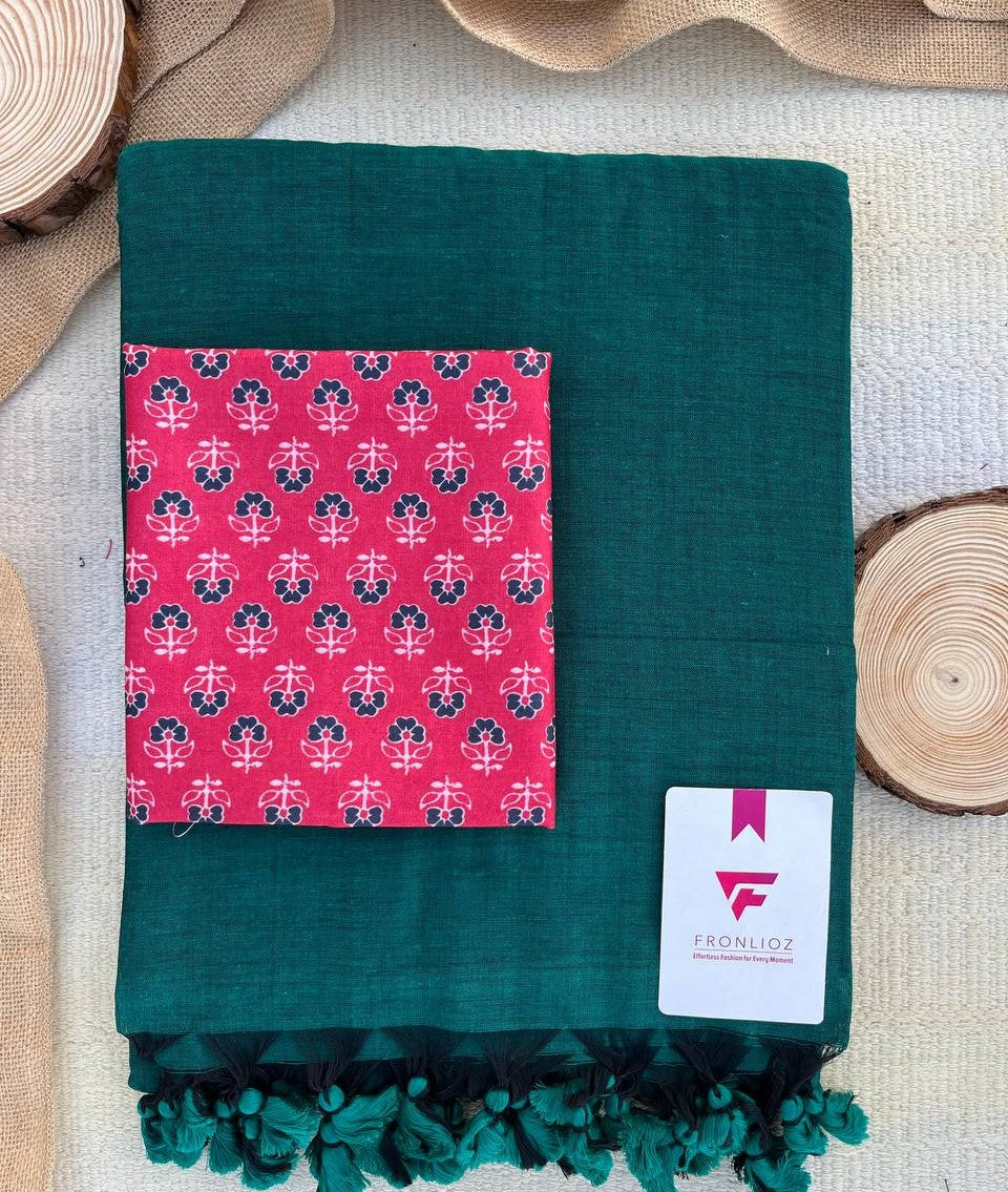 Green Khadi Cotton Saree & Designer Blouse