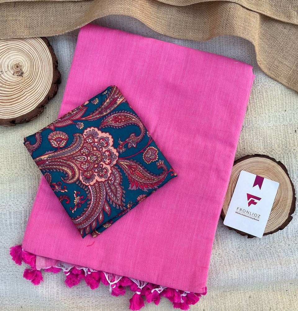 Baby Pink Handloom Cotton Saree & Designer Blouse