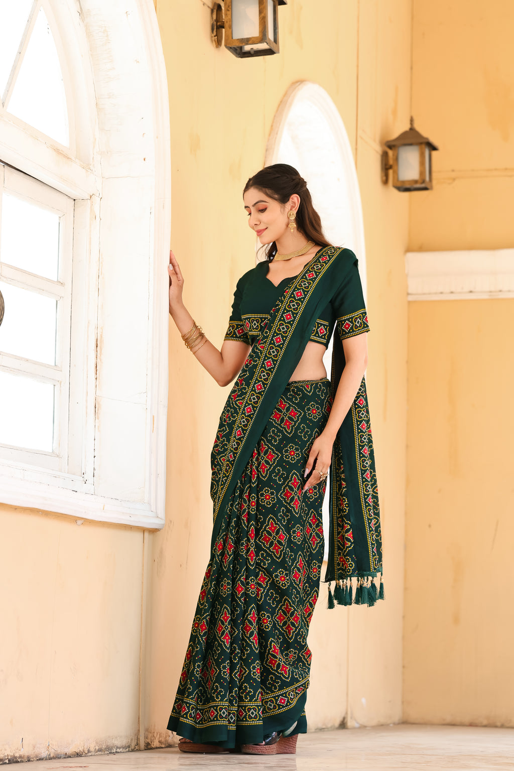 Green Printed Bandhani Saree