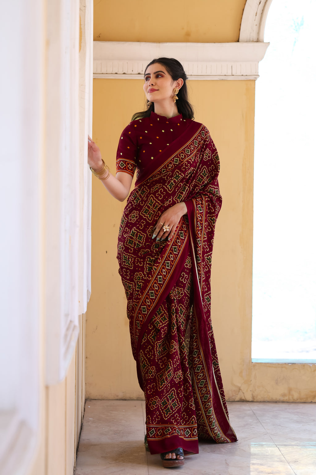 MAROON PRINTED BANDHANI SAREE