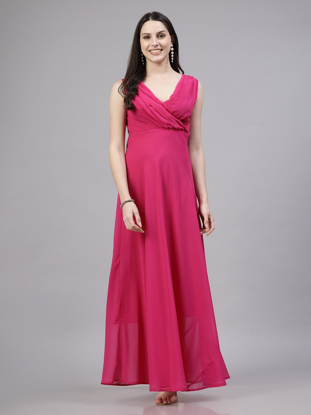 V-Neck Fit & Flare Georgette Dress (PINK)