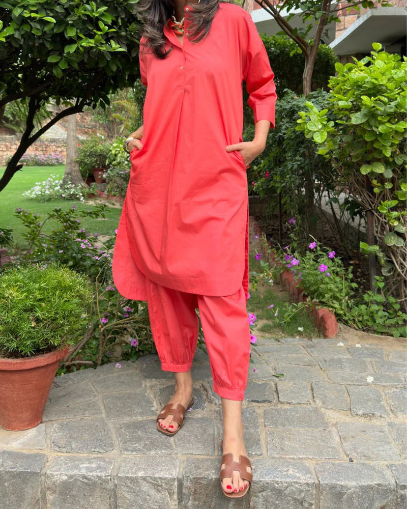 Coral Red Cotton Coord Set