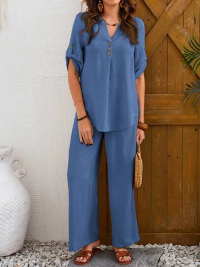 Women's Solid Color Round Neck Top And Pleated Wide Leg Casual Casual Two-Piece Set