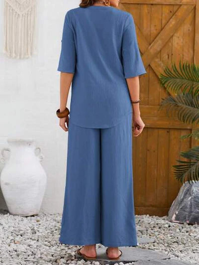 Women's Solid Color Round Neck Top And Pleated Wide Leg Casual Casual Two-Piece Set