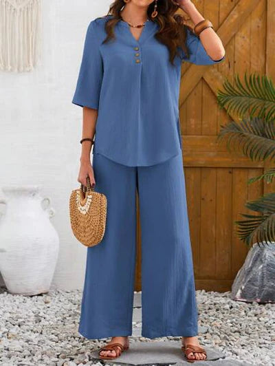 Women's Solid Color Round Neck Top And Pleated Wide Leg Casual Casual Two-Piece Set