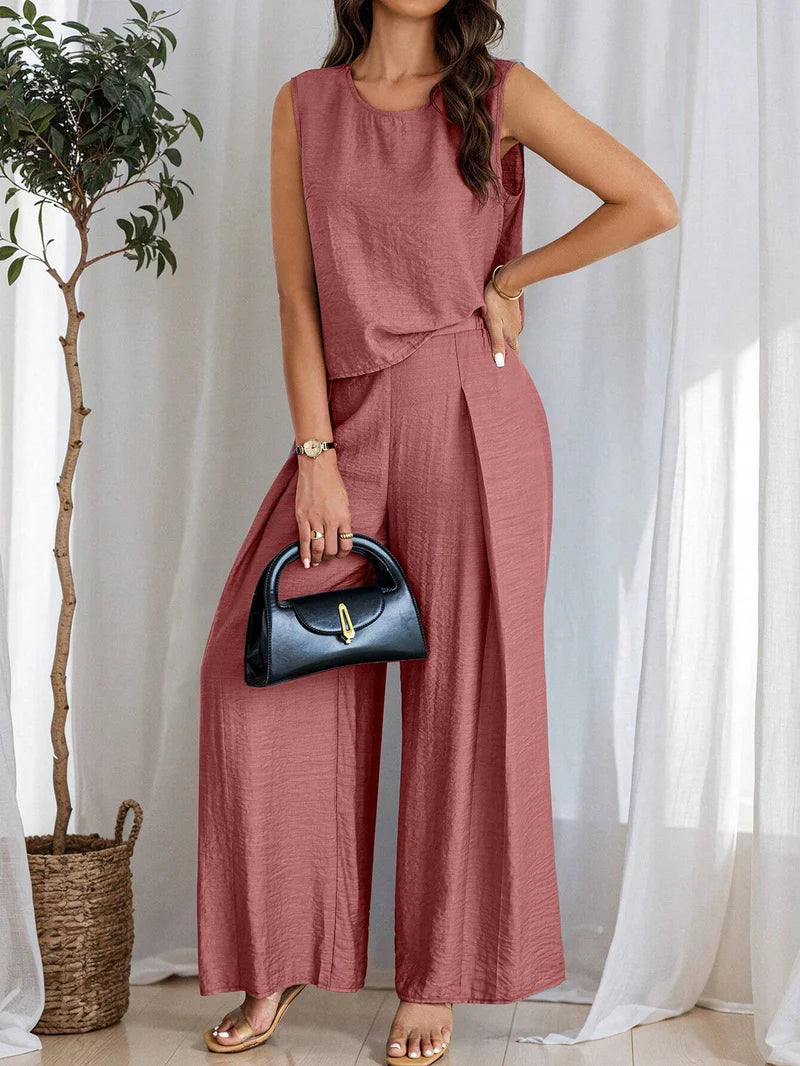 Women's Solid Color Round Neck Top And Pleated Wide Leg Casual Casual Two-Piece Set