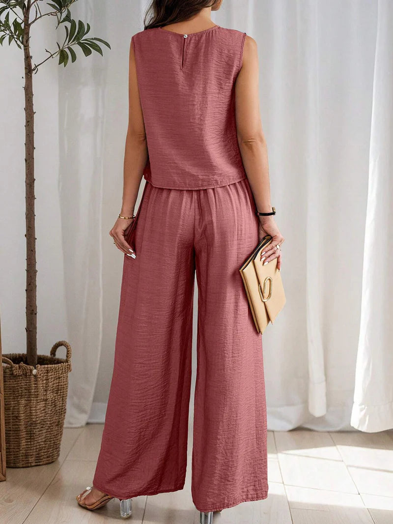 Women's Solid Color Round Neck Top And Pleated Wide Leg Casual Casual Two-Piece Set