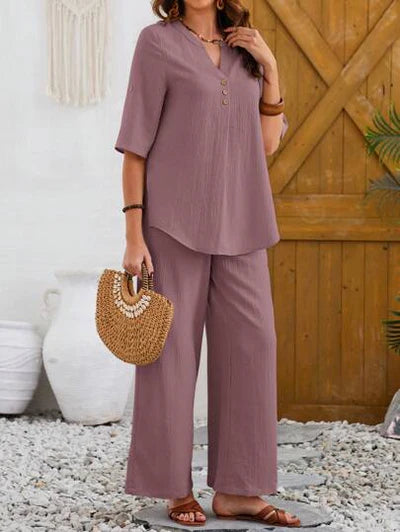Women's Solid Color Round Neck Top And Pleated Wide Leg Casual Casual Two-Piece Set