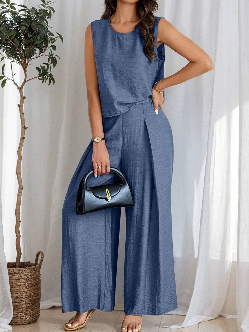 Women's Solid Color Round Neck Top And Pleated Wide Leg Casual Casual Two-Piece Set
