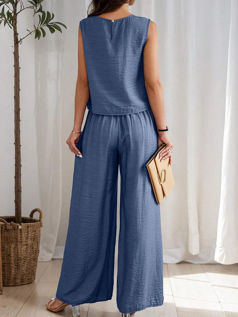 Women's Solid Color Round Neck Top And Pleated Wide Leg Casual Casual Two-Piece Set