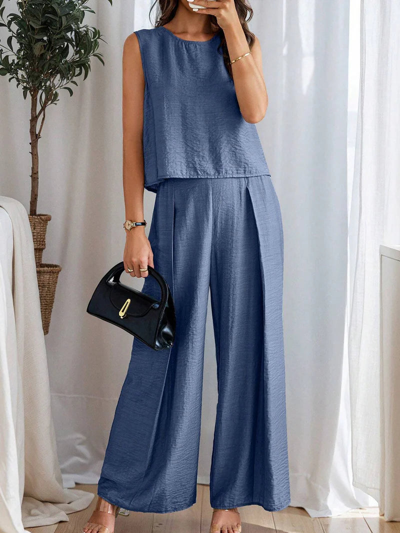 Women's Solid Color Round Neck Top And Pleated Wide Leg Casual Casual Two-Piece Set