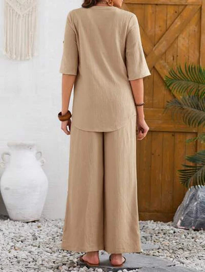 Women's Solid Color Round Neck Top And Pleated Wide Leg Casual Casual Two-Piece Set