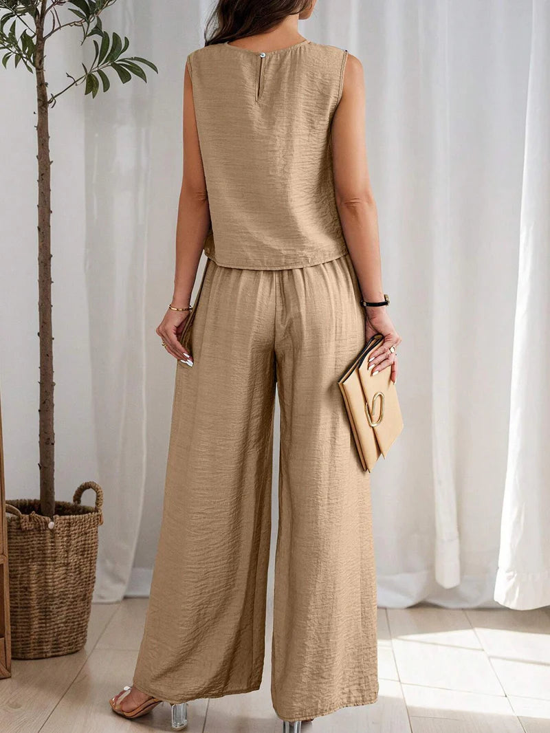 Women's Solid Color Round Neck Top And Pleated Wide Leg Casual Casual Two-Piece Set