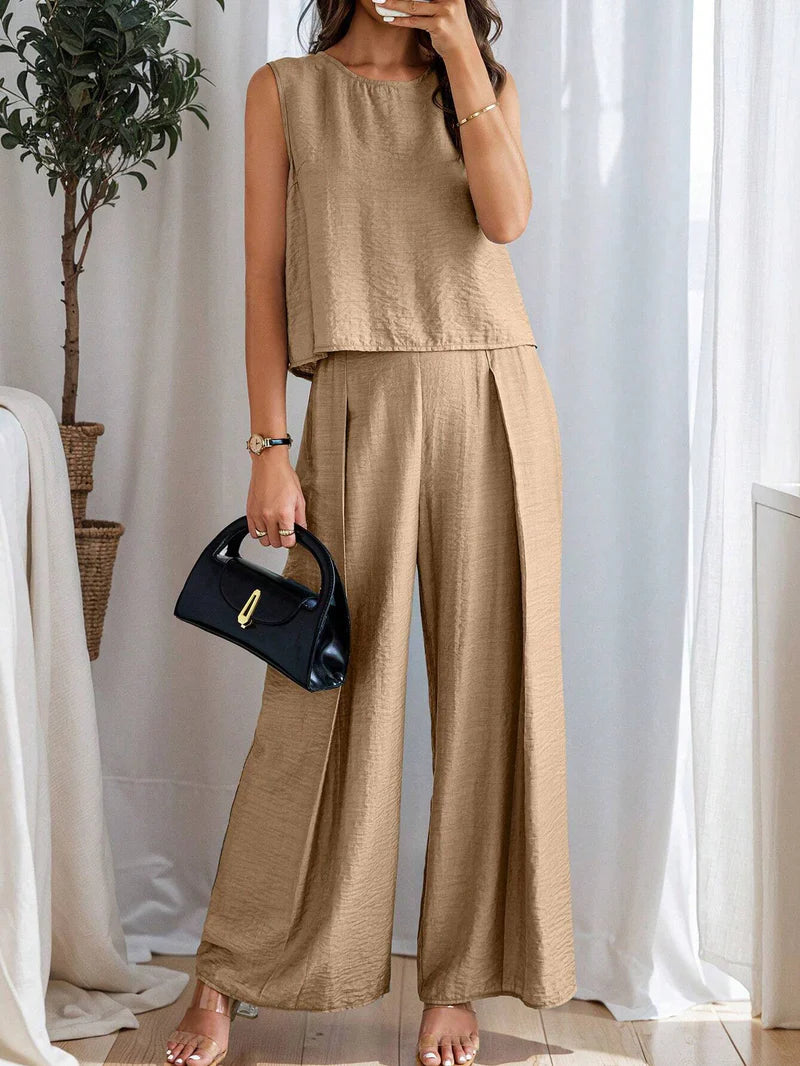 Women's Solid Color Round Neck Top And Pleated Wide Leg Casual Casual Two-Piece Set