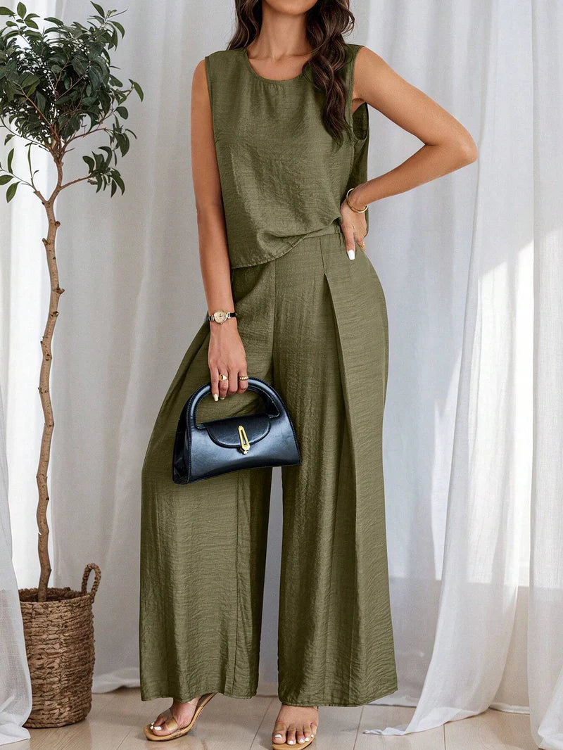 Women's Solid Color Round Neck Top And Pleated Wide Leg Casual Casual Two-Piece Set