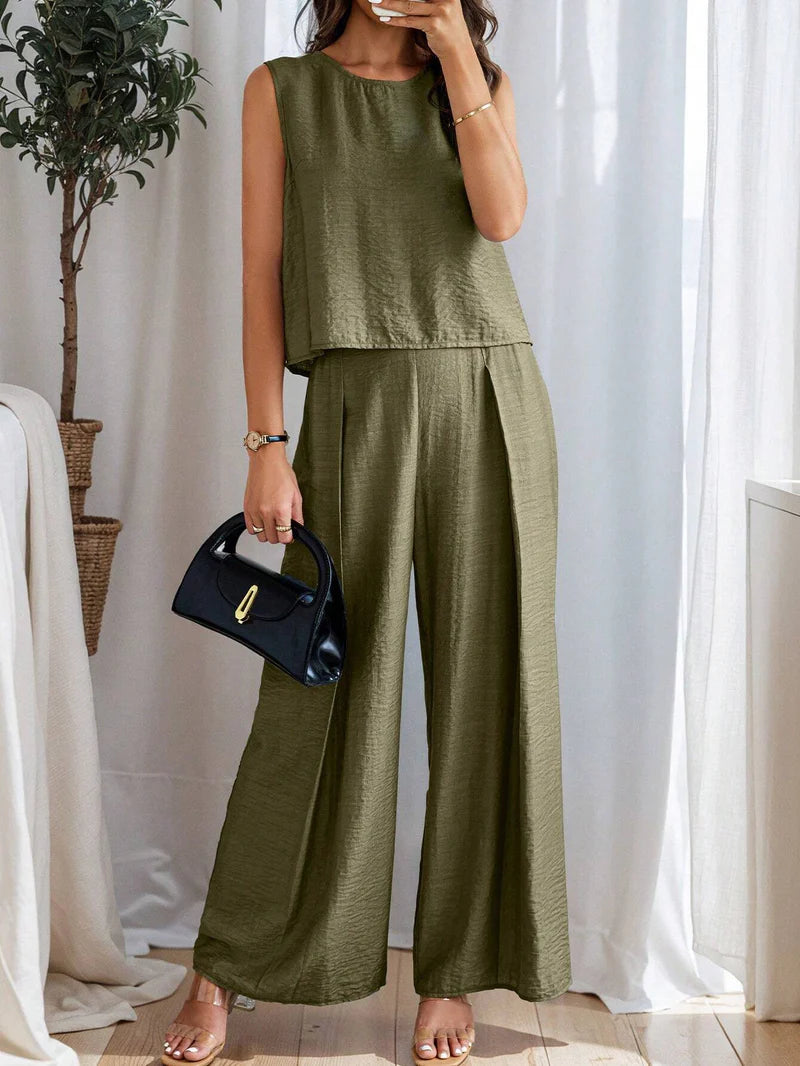 Women's Solid Color Round Neck Top And Pleated Wide Leg Casual Casual Two-Piece Set