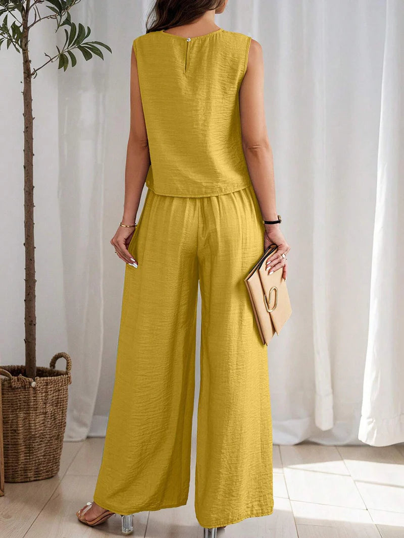 Women's Solid Color Round Neck Top And Pleated Wide Leg Casual Casual Two-Piece Set
