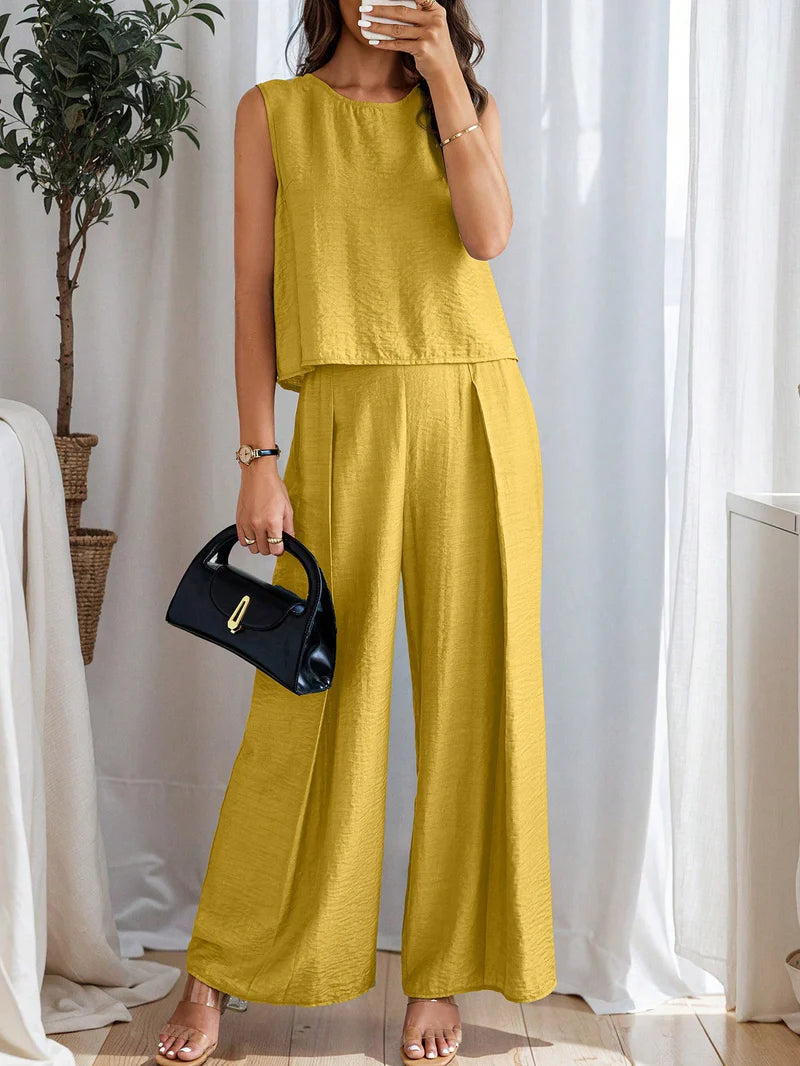 Women's Solid Color Round Neck Top And Pleated Wide Leg Casual Casual Two-Piece Set