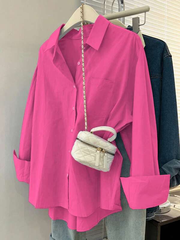 Pocketed Oversized Bamboo Cotton Shirt Pink