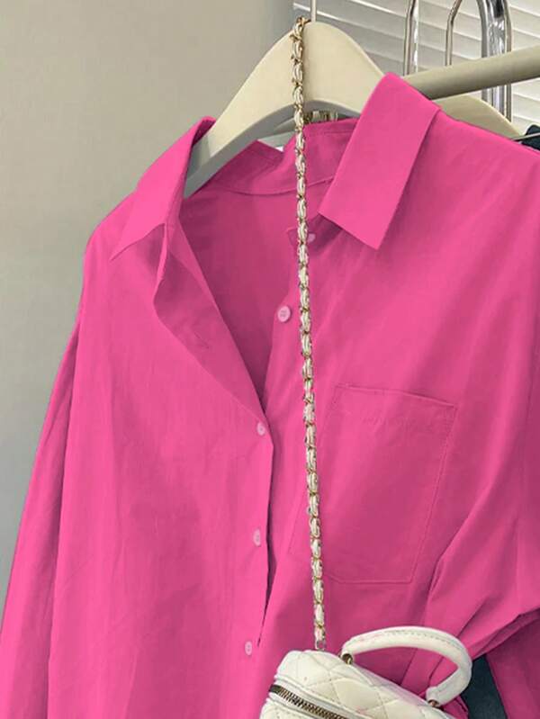 Pocketed Oversized Bamboo Cotton Shirt Pink