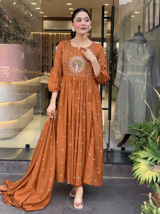 Orange Peacock Embroidered Cotton Suit Set with Dupatta