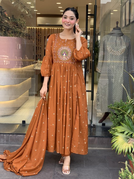 Orange Peacock Embroidered Cotton Suit Set with Dupatta