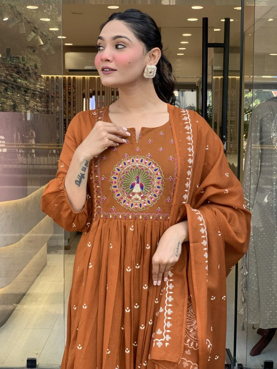 Orange Peacock Embroidered Cotton Suit Set with Dupatta