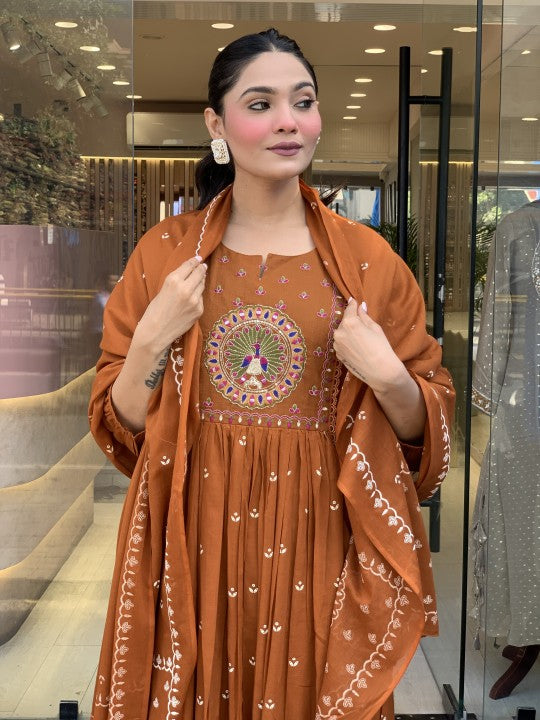 Orange Peacock Embroidered Cotton Suit Set with Dupatta