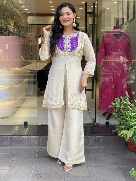 Elegant Cream & Purple Glass Tissue Suit Set