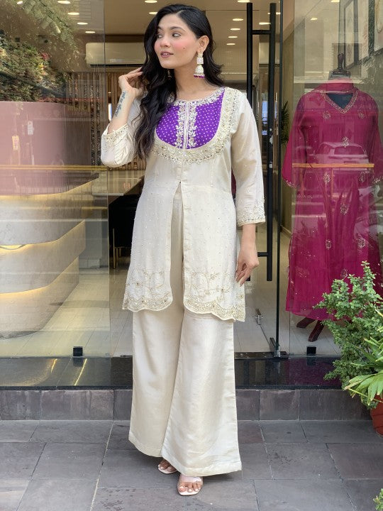 Elegant Cream & Purple Glass Tissue Suit Set