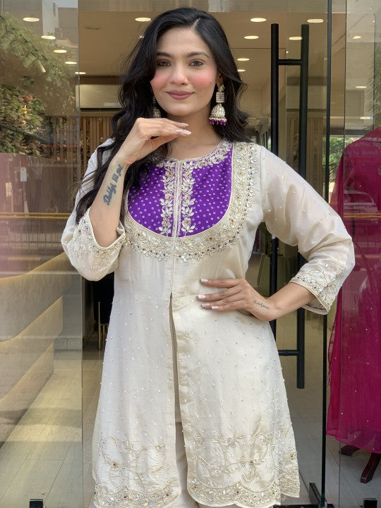Elegant Cream & Purple Glass Tissue Suit Set