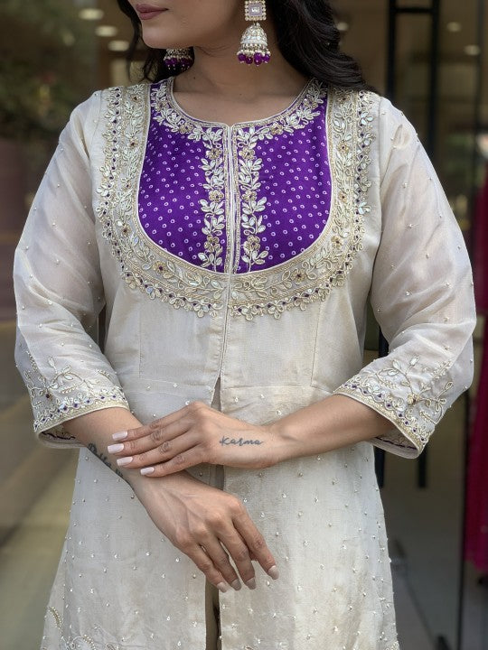 Elegant Cream & Purple Glass Tissue Suit Set