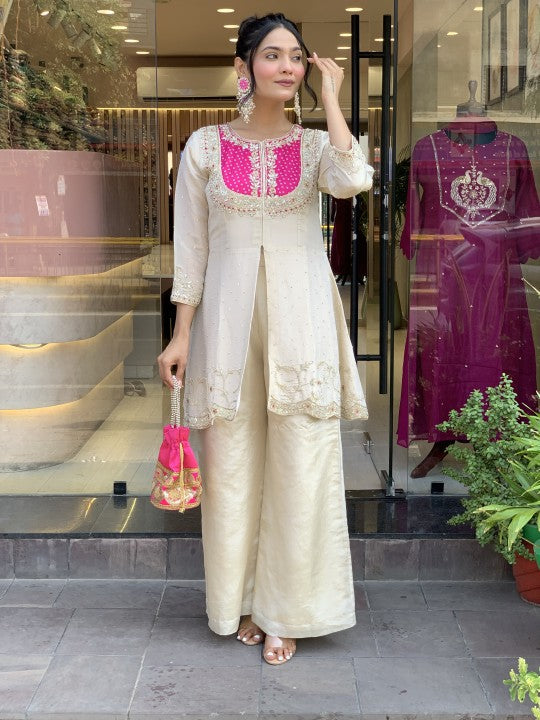 Elegant Cream & Pink Glass Tissue Suit Set