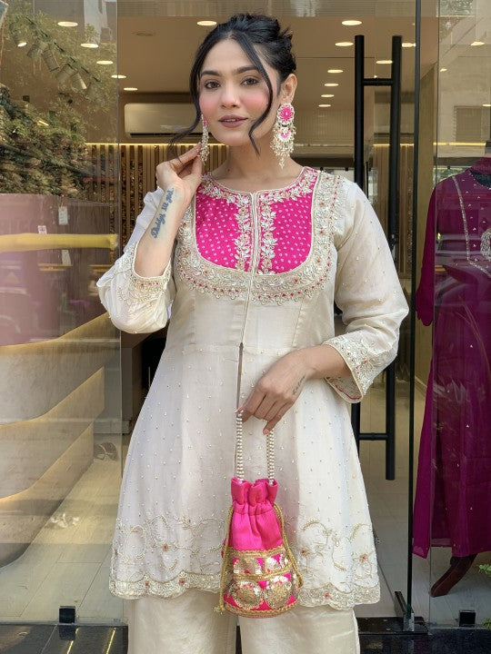 Elegant Cream & Pink Glass Tissue Suit Set