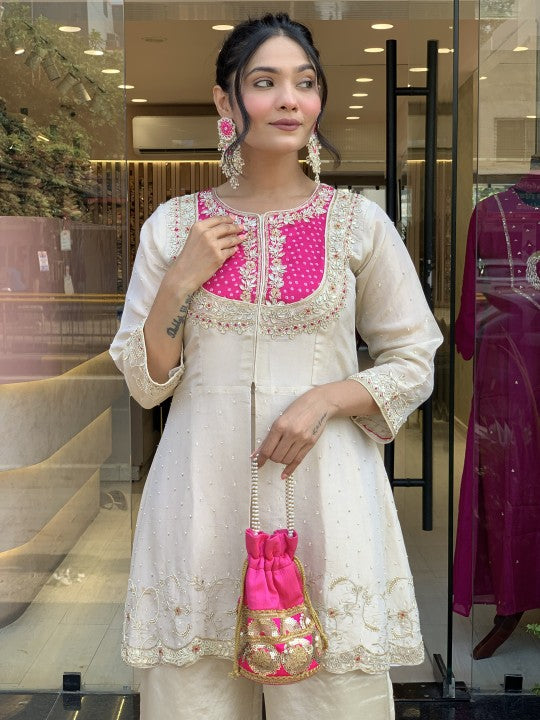 Elegant Cream & Pink Glass Tissue Suit Set