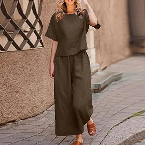 WOMEN COTTON PLAIN CROP TOP & TROUSERS CO-ORDER SET