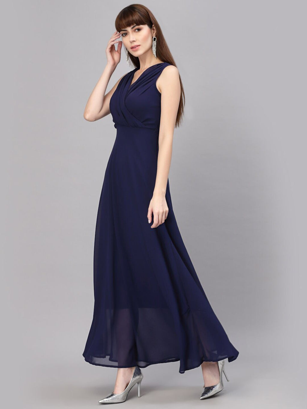 V-Neck Fit & Flare Georgette Dress (NAVY BLUE)