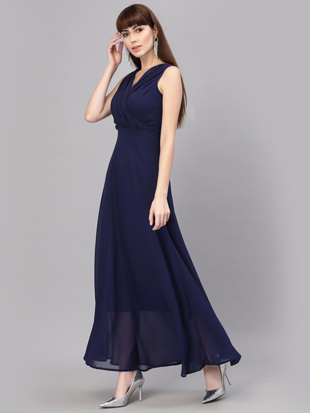 V-Neck Fit & Flare Georgette Dress (NAVY BLUE)