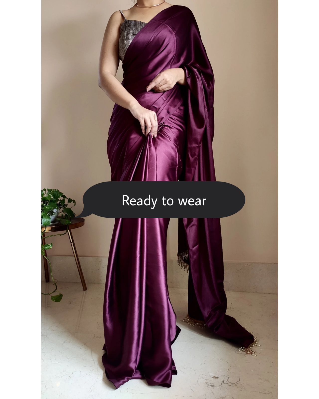 Women's Ready to Wear DEEP PURPLE  Satin Silk 1 Minute Pre Pleated Heavy Saree with Designer Hand Work Tassels