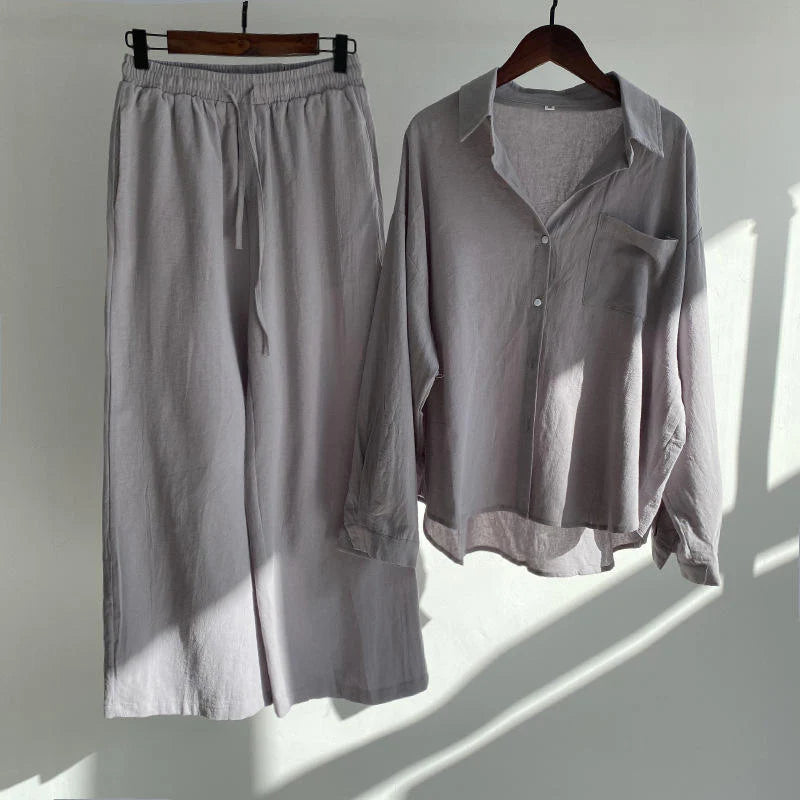 Fashionable Women's Slacks High Waist Cotton Shirt Suit