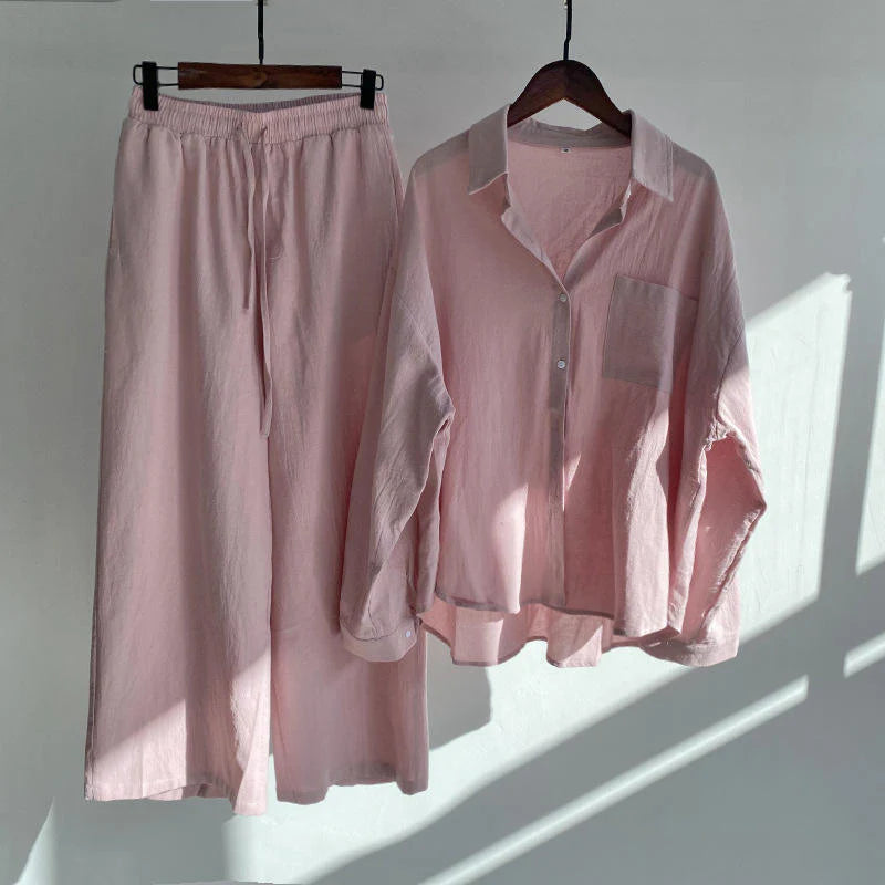 Fashionable Women's Slacks High Waist Cotton Shirt Suit
