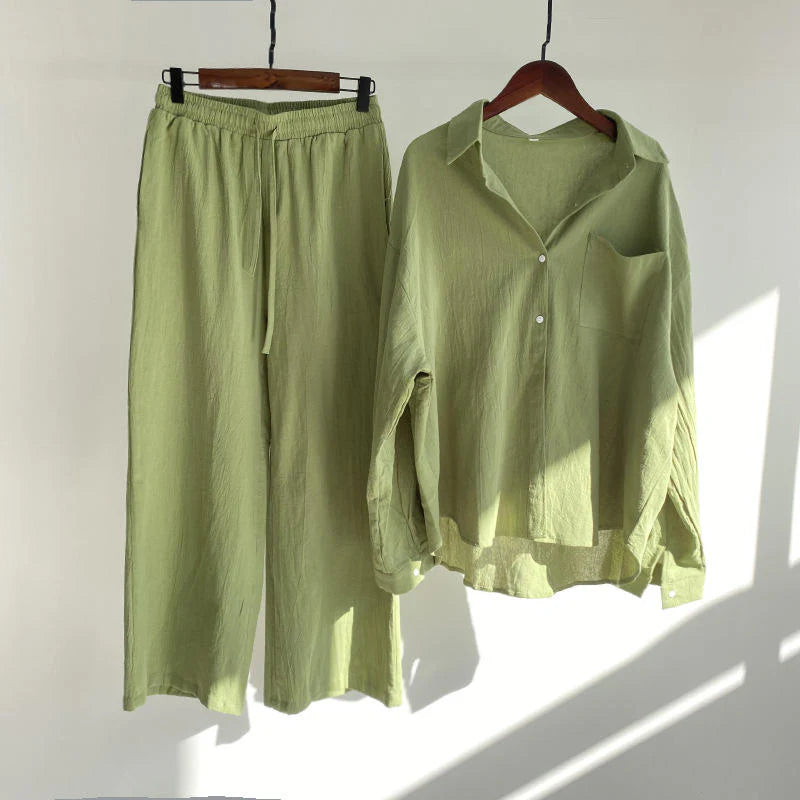 Fashionable Women's Slacks High Waist Cotton Shirt Suit