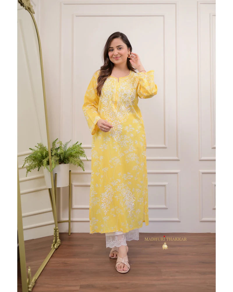 Yellow Chikankari Mul Cotton Kurti